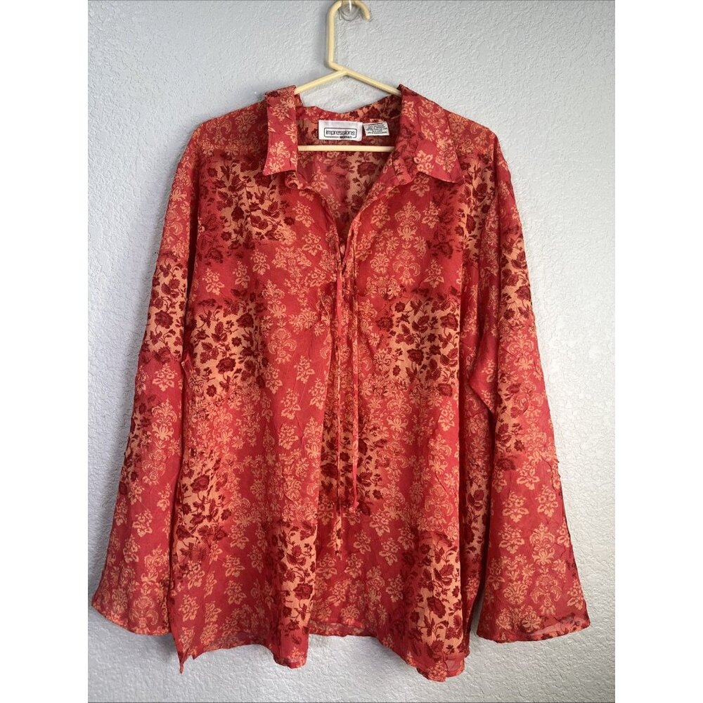 Impressions‎ Woman Blouse Womens 22/24W Red Orange Floral Damask Sheer Tie-Neck